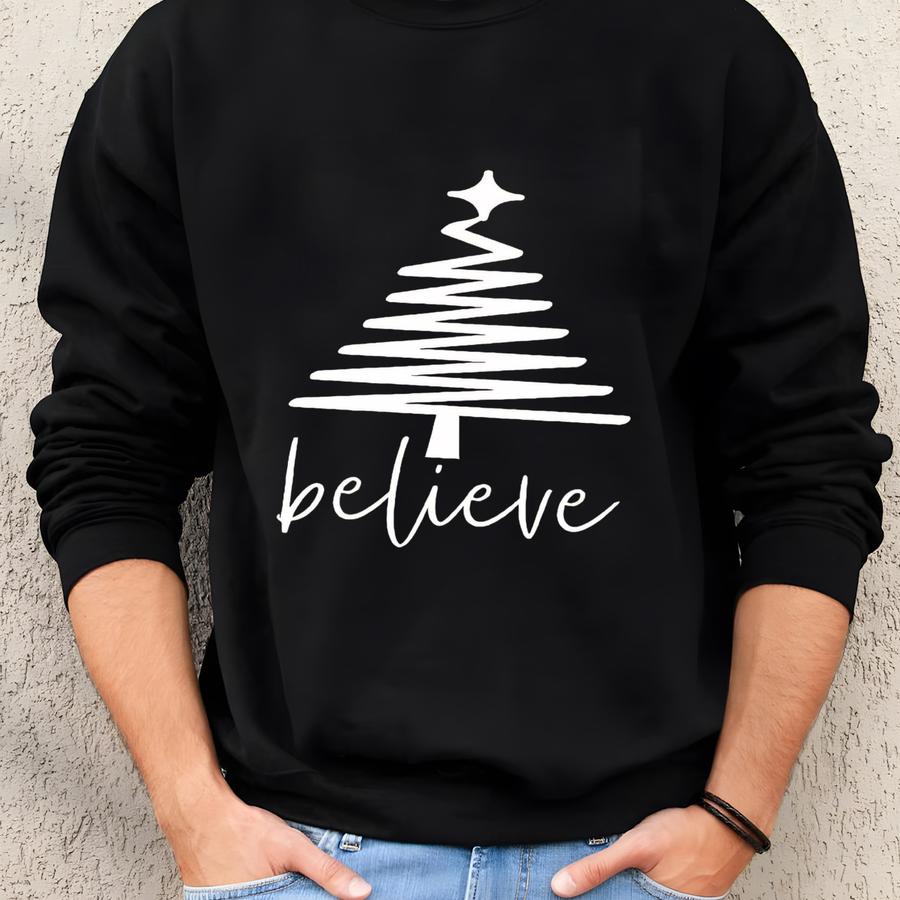 Believe Christmas Tree Shirt, ® Holiday Tee, Christian Christmas Shirt, Festive Family Outfit, Vintage Christmas Graphic Tee. Sweatshirt