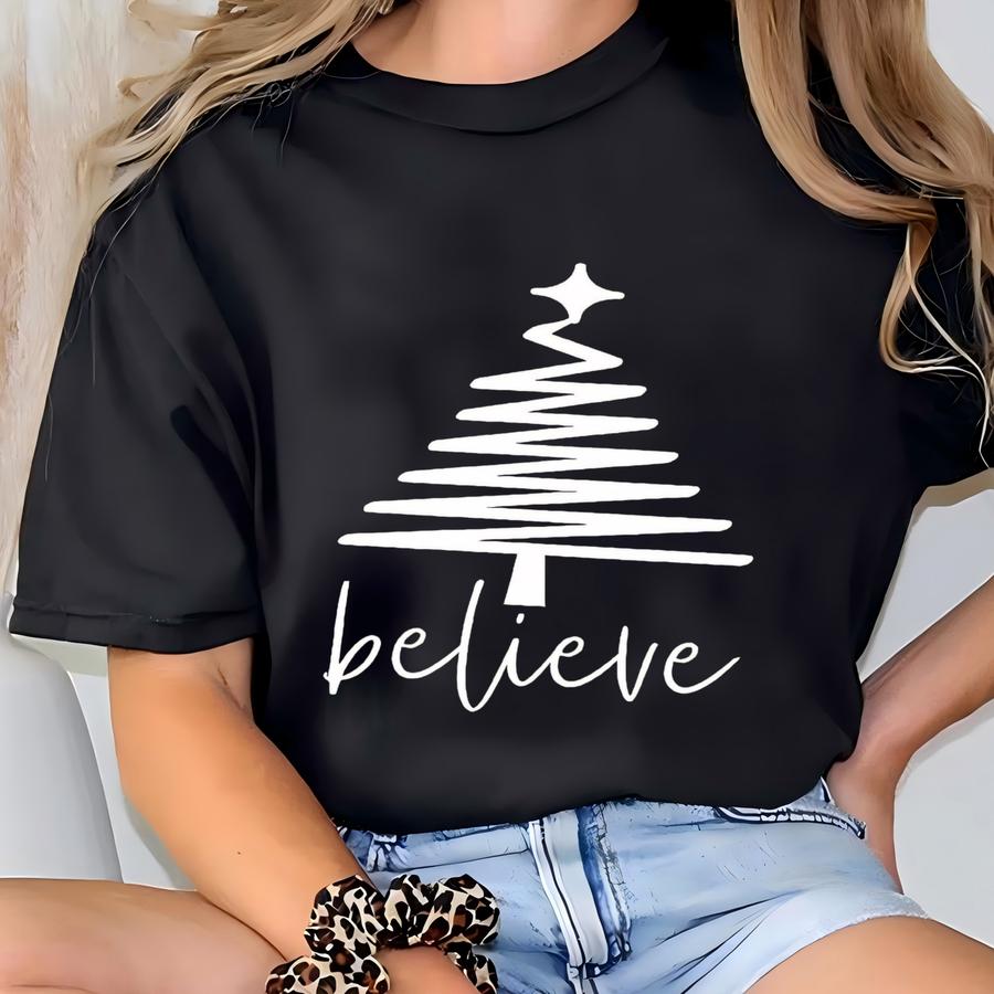 Believe Christmas Tree Shirt, ® Holiday Tee, Christian Christmas Shirt, Festive Family Outfit, Vintage Christmas Graphic Tee. T-shirt