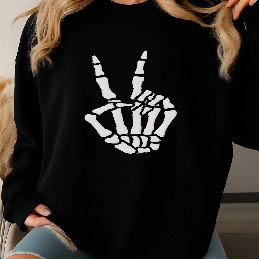 Skeleton Hand Sweatshirt, Skeleton Sweatshirt, Peace Hand Horror Gift, Goth Skeleton Shirt Rock Tee, Rock Halloween, Skull Sweatshirt