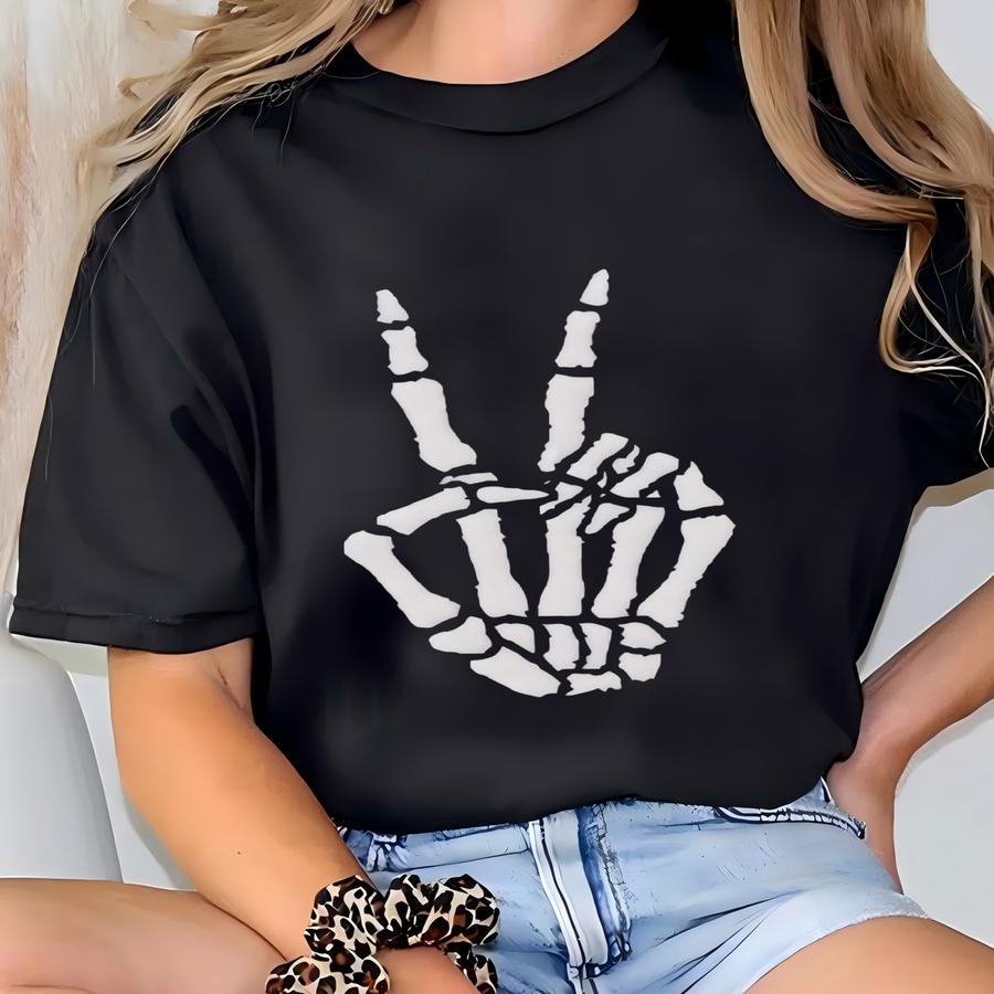 Skeleton Hand Sweatshirt, Skeleton Sweatshirt, Peace Hand Horror Gift, Goth Skeleton Shirt Rock Tee, Rock Halloween, Skull T-shirt