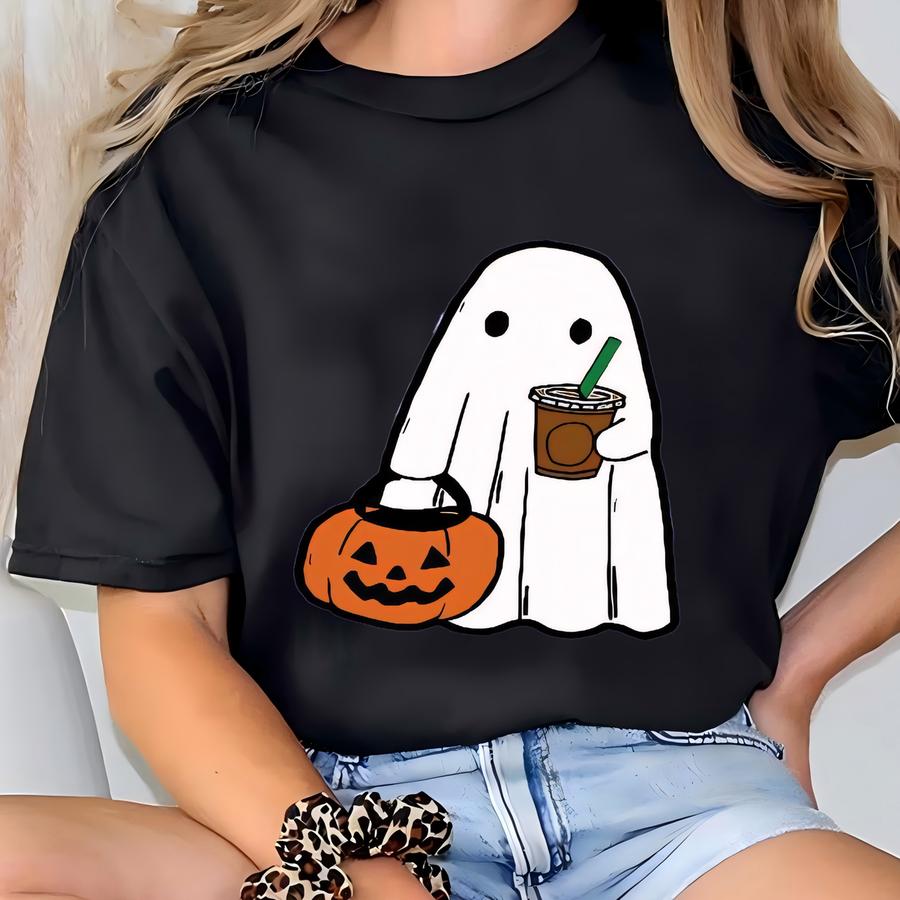 Сute Ghost Coffee Shirt Сute Little Ghost Iced Coffee Hoodie Boo Halloween Coffee Lovers Trick Or Treat For Women Men T-shirt