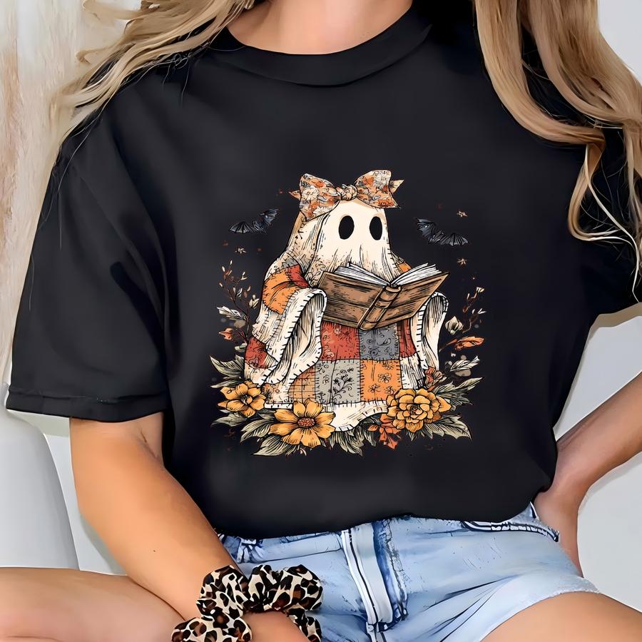 Retro Patchwork Style Halloween Bow Ghost Shirt, Book Lover Ghost Hoodie, Patchwork Spooky Ghost Halloween Girl Tee, T-shirt