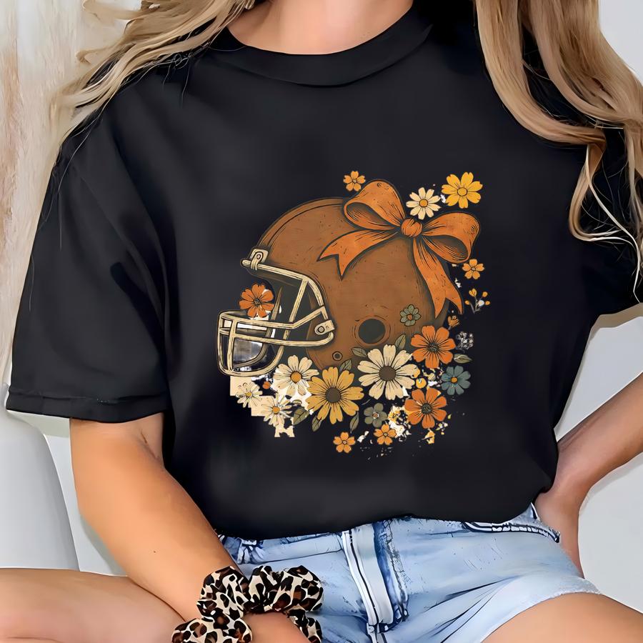 Football Crewneck Sweatshirt, Gildan Crewneck, Fall Pullover, Retro Helmet And Flowers T-shirt