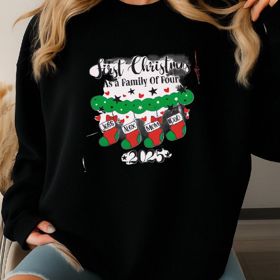 Our First Christmas As A Family Of Four Shirt, Matching Holiday Outfit, Custom Xmas Pajama Top, New Family Christmas Gift, Festive Tee Sweatshirt