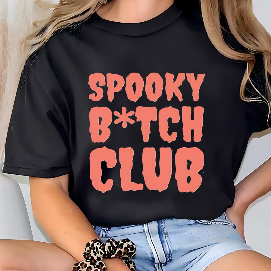 Spooky B Tch Club Halloween Ghost Graphic Tee Creepy Lettering Shirt Womens Fall Shirt Spooky Season Aesthetic Ghost Shirt Funny Top T-shirt