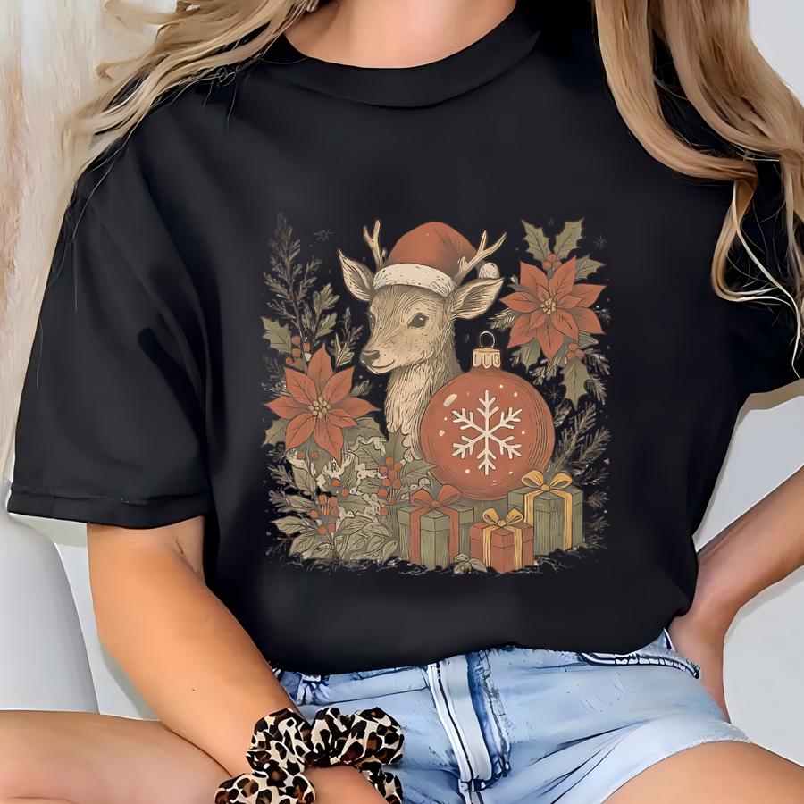 Christmas Deer Shirt Santa Hat Red Ornament Holiday Reindeer Shirt Poinsettia Holly Festive Floral Gifts Graphic Shirt Cozy Xmas Top T-shirt