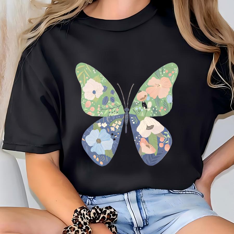 Butterfly Floral Graphic T Shirt Pastel Flower Butterfly Shirt Spring Garden Nature Tee Boho Butterfly Outfit Gift Soft Aesthetic Shirt T-shirt
