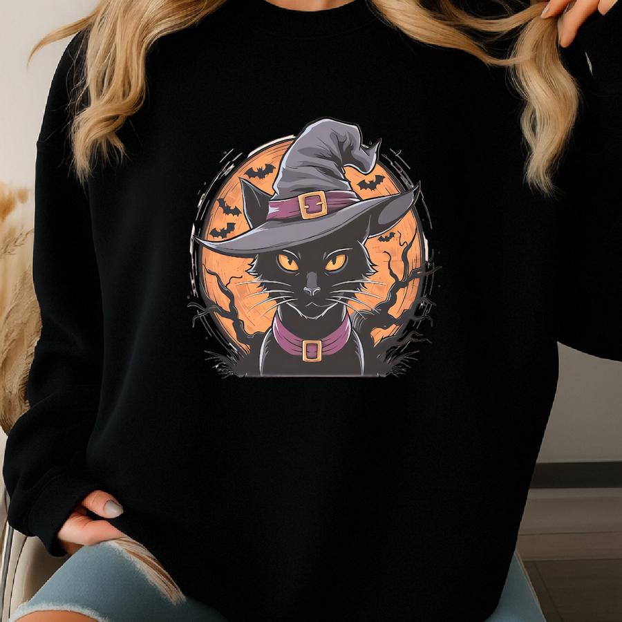Halloween Cat Shirt Witch Hat Graphic Tee Orange Moon Black Cat Shirt Spooky Cat Tshirt Fall Shirt Halloween Bats Shirt Costume Top Sweatshirt