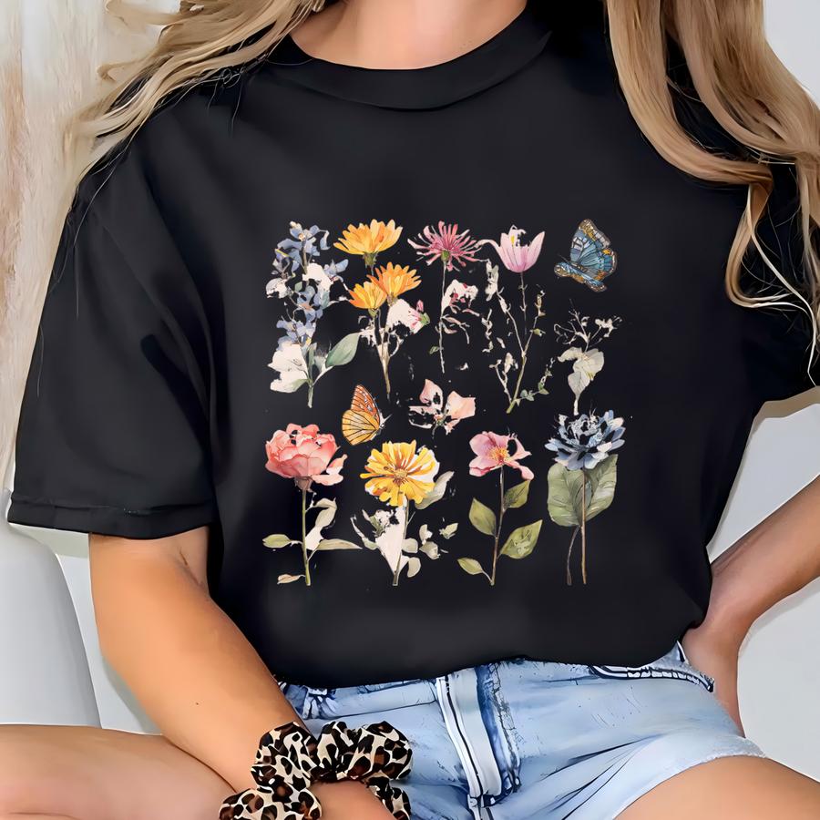 Watercolor Wildflower Graphic T Shirt Colorful Botanical Floral Shirt Artistic Nature Butterfly Flower Print Boho Aesthetic Summer Tee Gift T-shirt