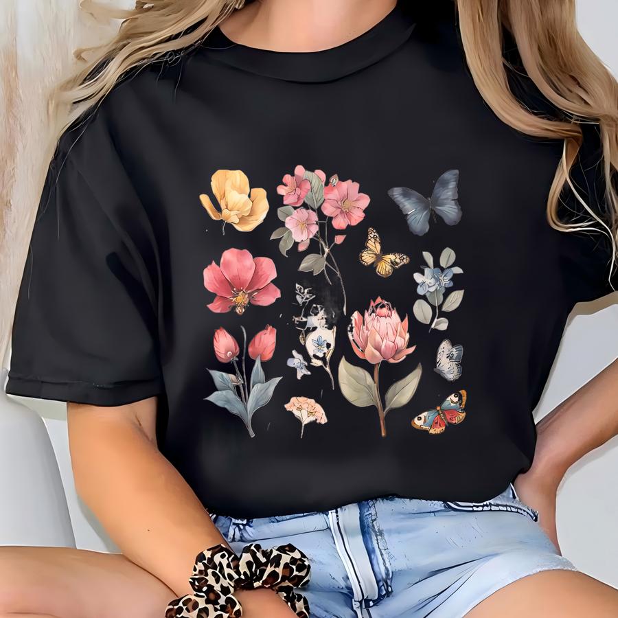 Floral Butterfly Graphic T Shirt Botanical Flowers And Butterflies Nature Art Tee Garden Inspired Shirt Wildflower Blossom Design Top T-shirt
