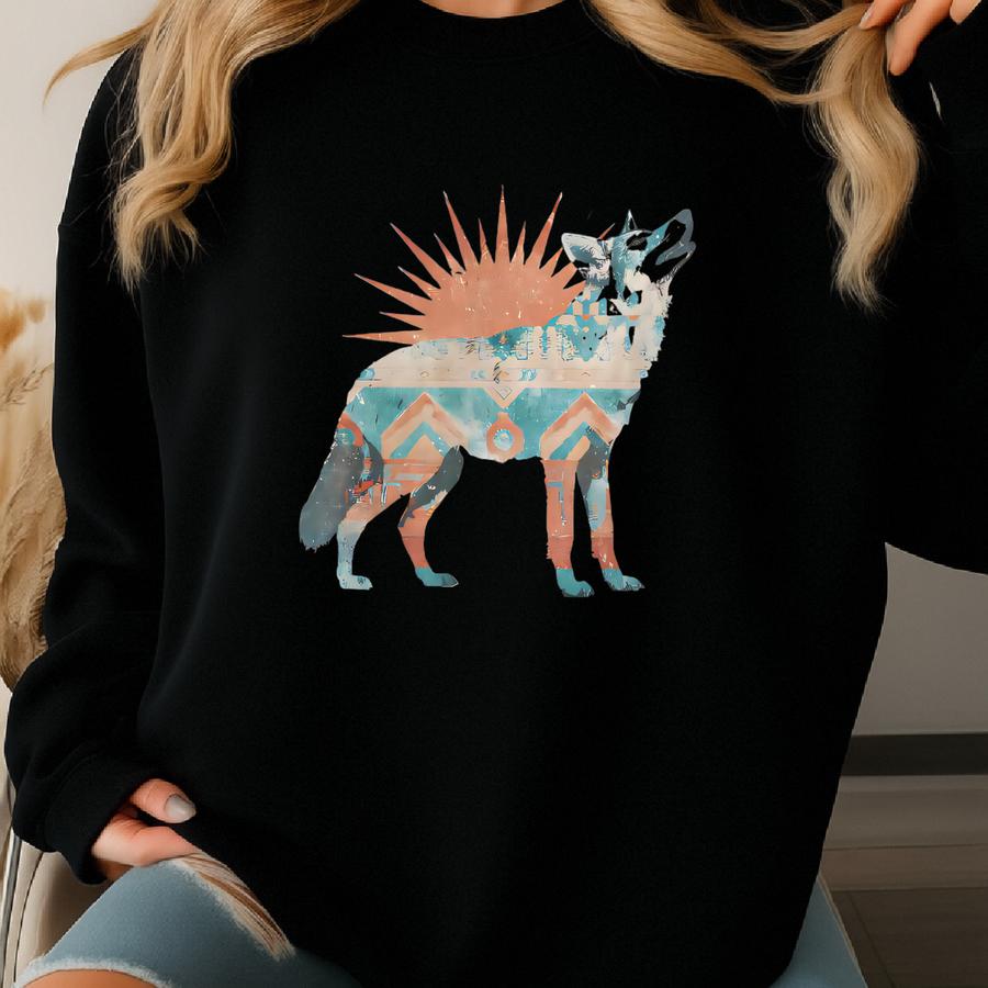 Southwestern Wolf Sunburst Graphic Shirt Desert Geometric Wolf Howling Shirt Boho Aztec Wolf Art Tee Turquoise Rustic Animal Tshirt Gift Sweatshirt