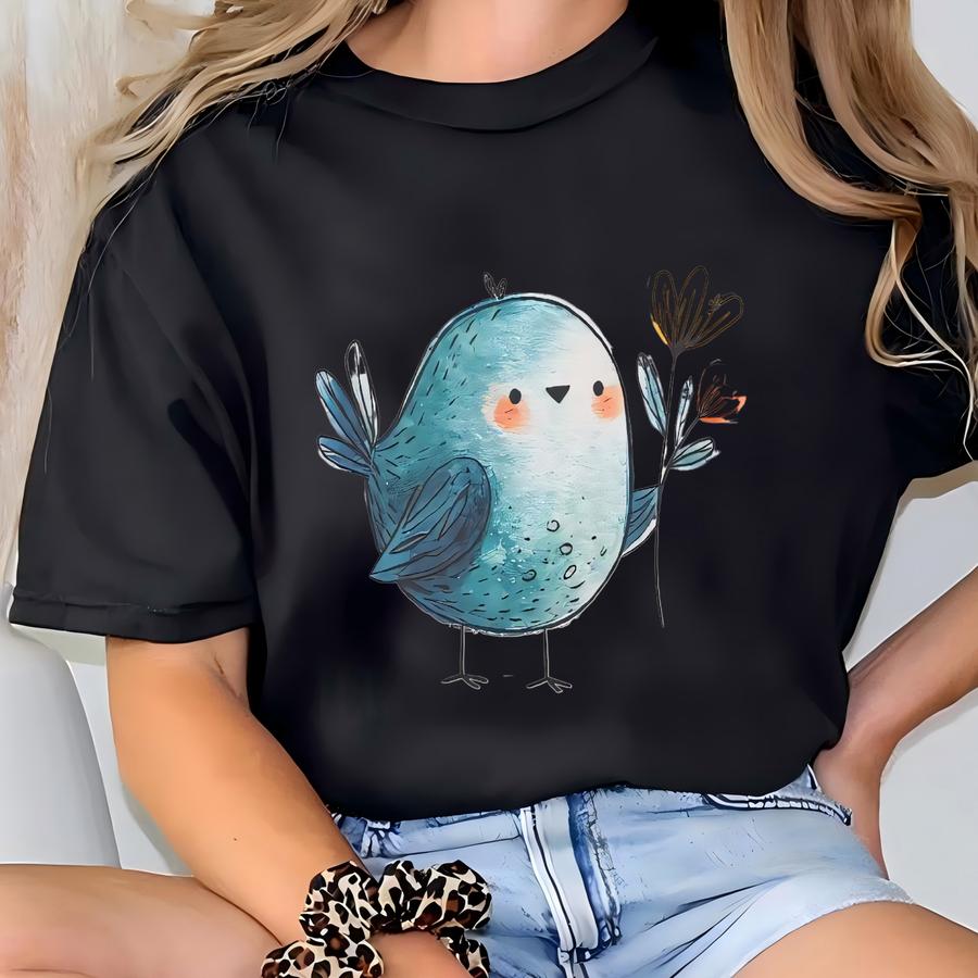 Blue Bird Graphic T Shirt Cute Cartoon Bird With Flowers Art Tee Pastel Aesthetic Graphic Shirt Nature Inspired Animal Shirt Soft Casual Top T-shirt