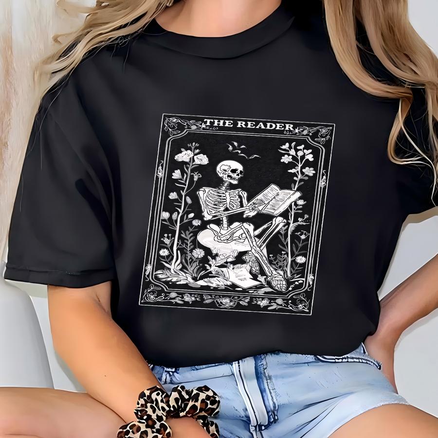 The Reader Tarot Card Shirt, , Skeleton Reading Shirt Unisex Tarot Card Shirt, Book Lover Gift, Bookish Gift,tarot Lover Gift T-shirt