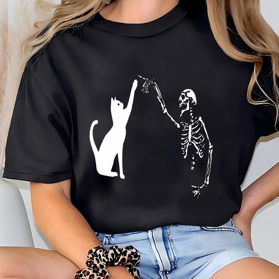 Skeleton Cat Boop Shirt Halloween Black Cat Skeleton Tshirt Fall Spooky Season Kitty Tee October Tshirt For Cat Lover T-shirt