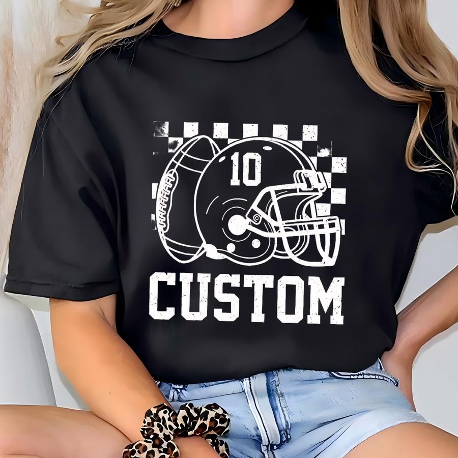 Custom Checkered Football Name And Number Tshirt, Custom Football Shirt, Personalized Football Player Gift, Football Mom T-shirt