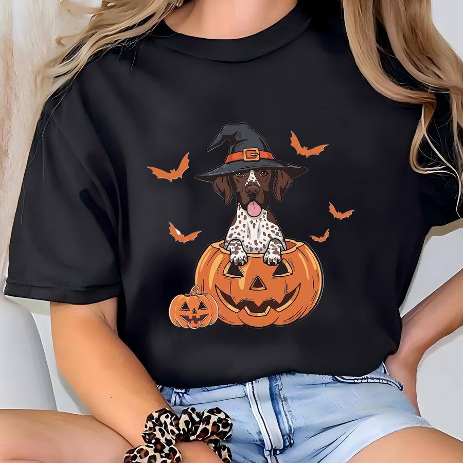 Halloween Shorthaired Pointer Shirt, Retro Fall Spooky Vibes Witch Dog In Pumpkins Shirt, Gsp Dog Lover Halloween Shirt T-shirt