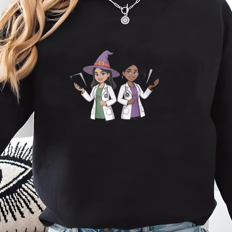 Halloween Doctor Witch Duo T-shirt, Spooky Halloween Themed Tee, Fun Witch Doctor Costume Shirt, Halloween Doctor Witches Graphic Tee Sweatshirt