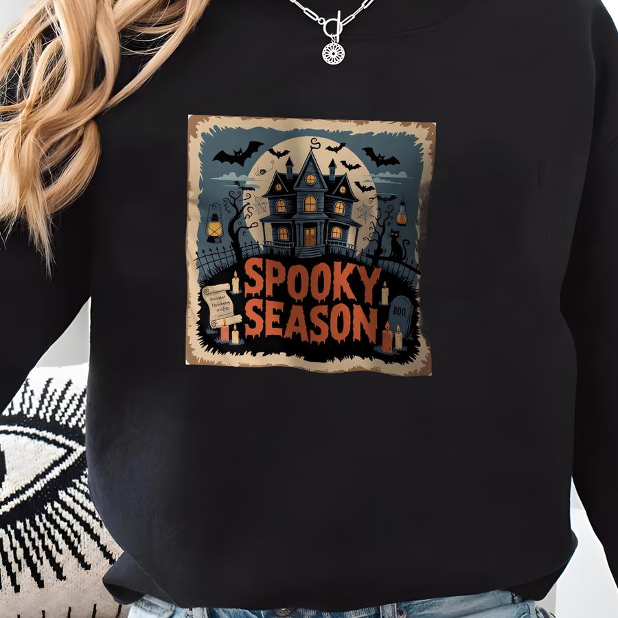Spooky Season Halloween Haunted House T-shirt, Creepy Bats And Ghosts Tee, Fun Black Cat Design Shirt, Halloween Party Wear Sweatshirt