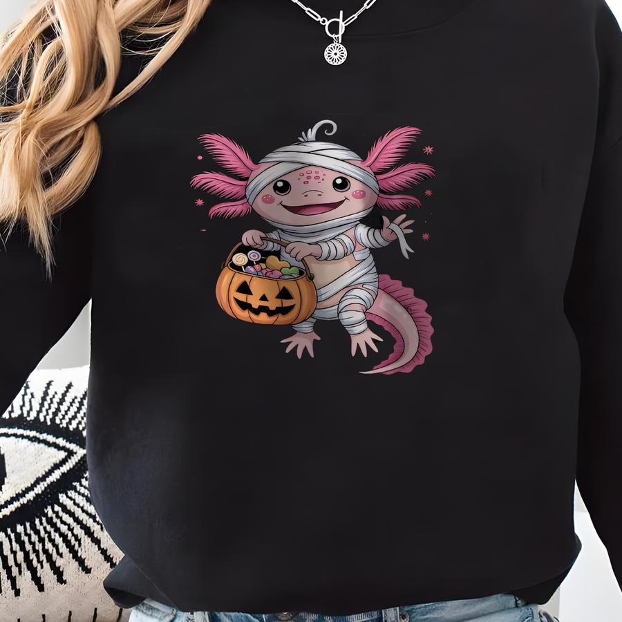 Cute Mummy Axolotl T-shirt, Halloween Candy Axolotl Tee, Kids Halloween Shirt, Adorable Axolotl Halloween Costume Sweatshirt