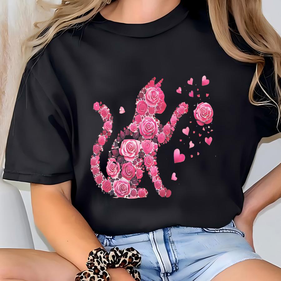 Rose Cat T Shirt Pink Floral Cat Lover Tee Cute Playful Kitty Graphic Shirt Romantic Flower Cat Art Top Gift For Women Men Cat Mom Dad T-shirt
