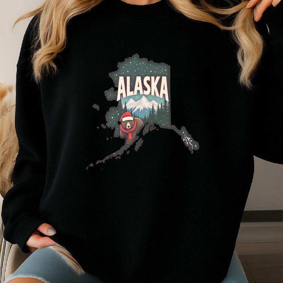 Alaska T Shirt Bear With Scarf Cozy Winter Mountains Forest Graphic Map Outline Alaska Shirt Alaska Nature Outdoor Adventure Hiking Tee Sweatshirt