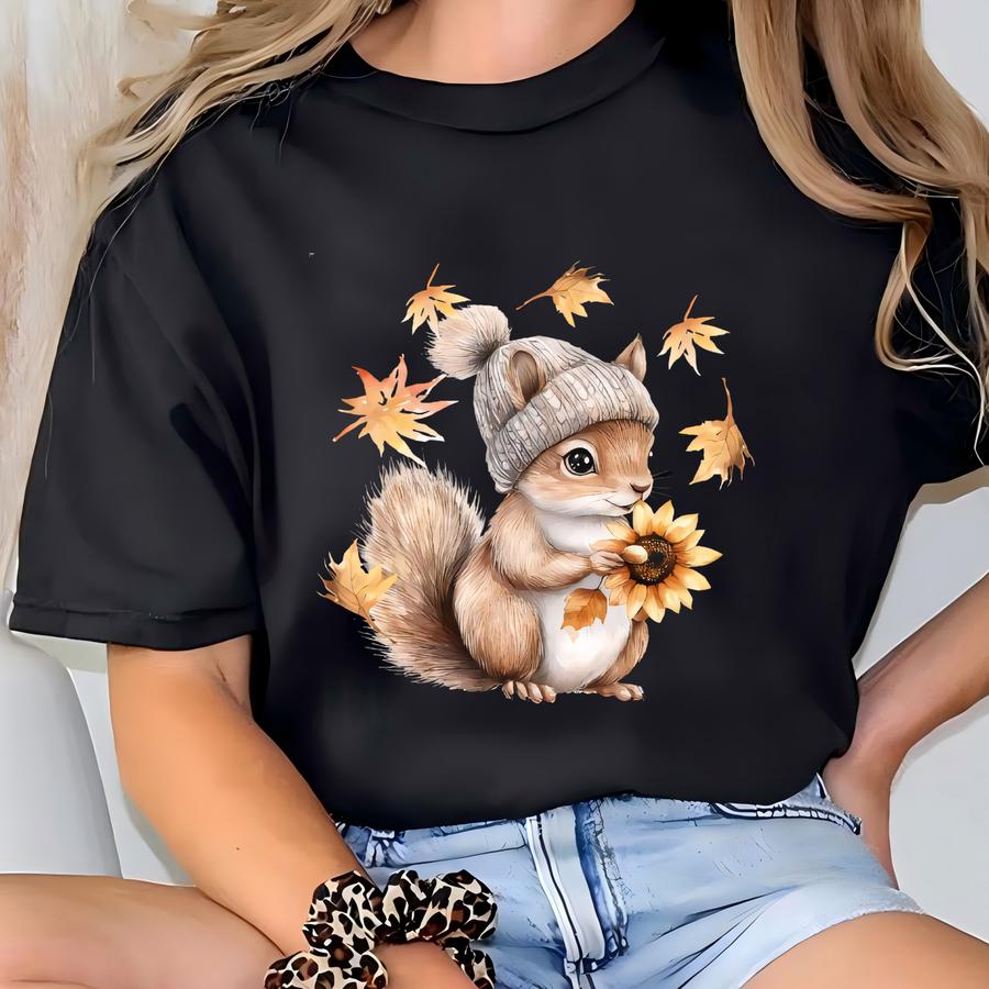 Fall Squirrel Shirt, Cute Animal Tshirt, Gift For Animal Lover, Funny Squirrel Hoodie, Gift For Coffee Lover, Autumn Thanksgiving Tee T-shirt