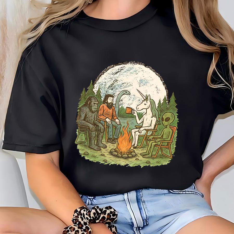 Vintage Bigfoot Shirt, Sasquatch Shirt Mythical Cryptid Campfire Scene Alien, Nellie, Unicorn, Outdoorsy Gift For Believers T-shirt