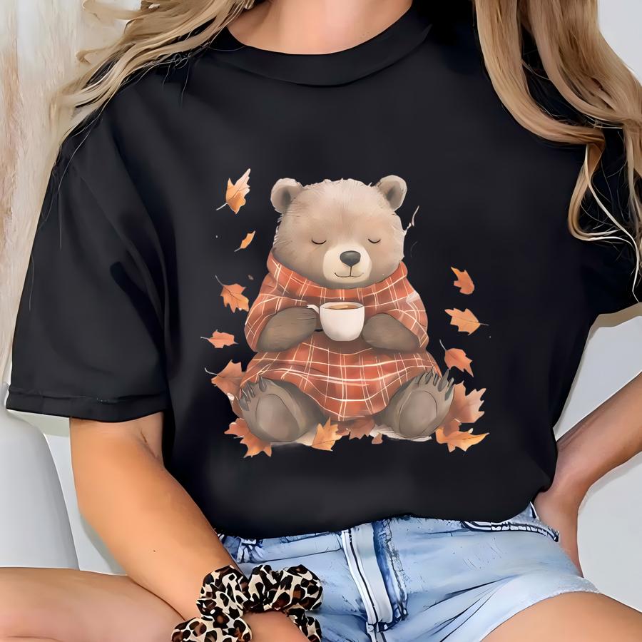 Cute Bear Drinking Coffee Fall Leaves Shirt Cozy Autumn Animal Graphic Tee Cream Color Comfort Soft Cotton Shirt Bear Art Shirt Gift T-shirt