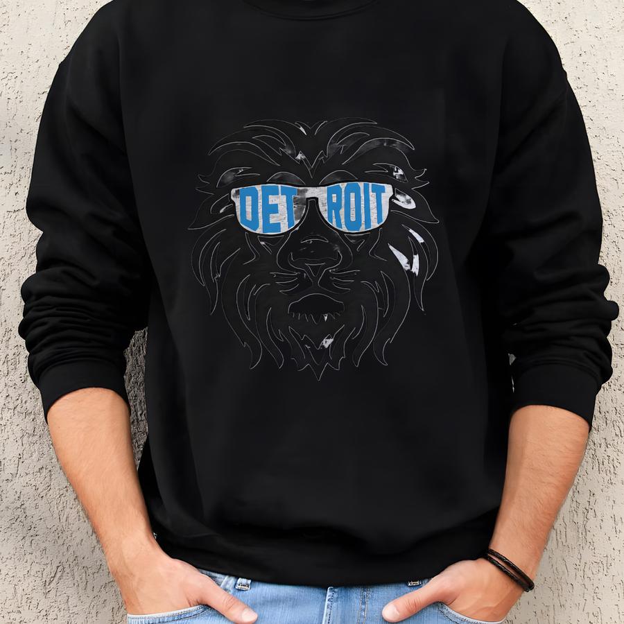 Detroit Football Apparel Mens Womens T-shirts/crewneck Sweatshirts/ Hoodies, Gift For Sports Fan, Game Day Outfit, Mascot Glasses Sweatshirt