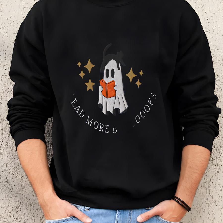 Book Reading Ghost Sweatshirt, Read More Books Halloween Shirt, Spooky Season Bookish Cat Mom Sweatshirt