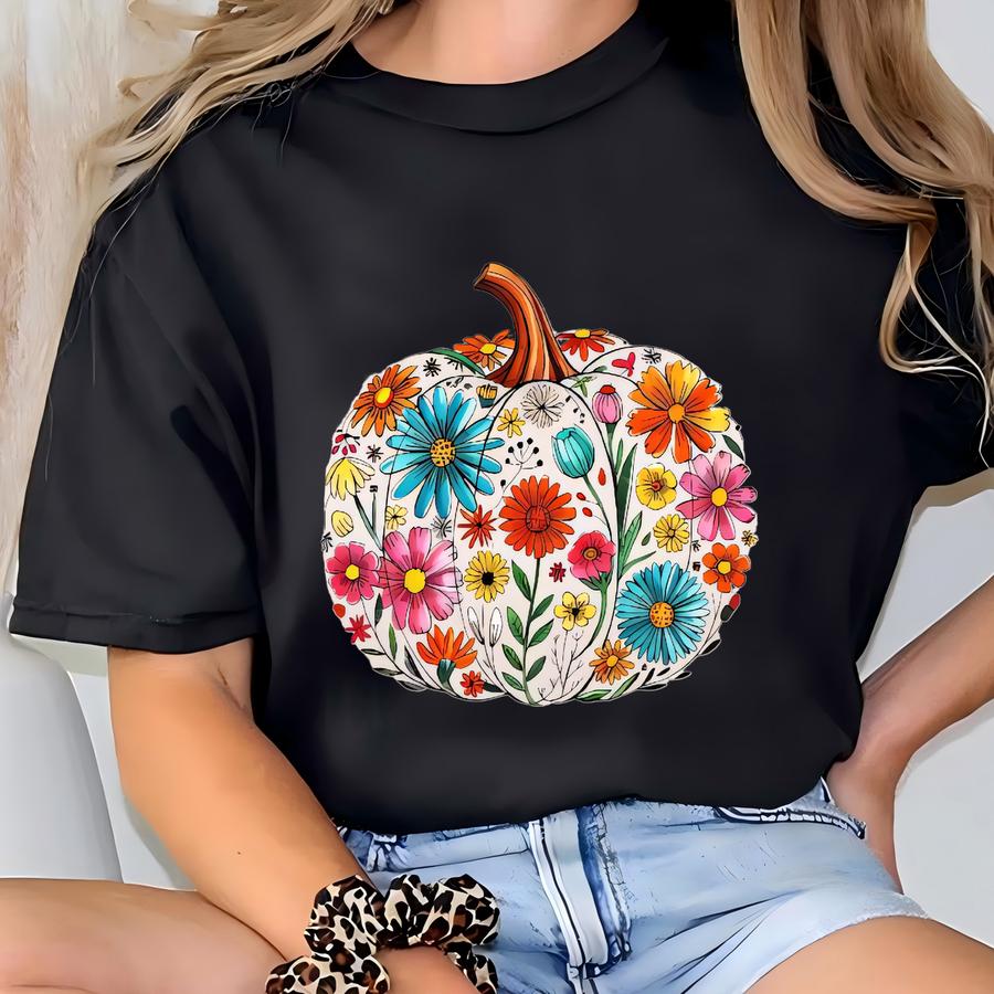Floral Pumpkin Fall Shirt, Boho Floral Fall Hoodie, Floral Pumpkin Shirt, Fall Vibes Shirt, Boho Fall Pumpkin Tee, Floral Woman Shirt T-shirt