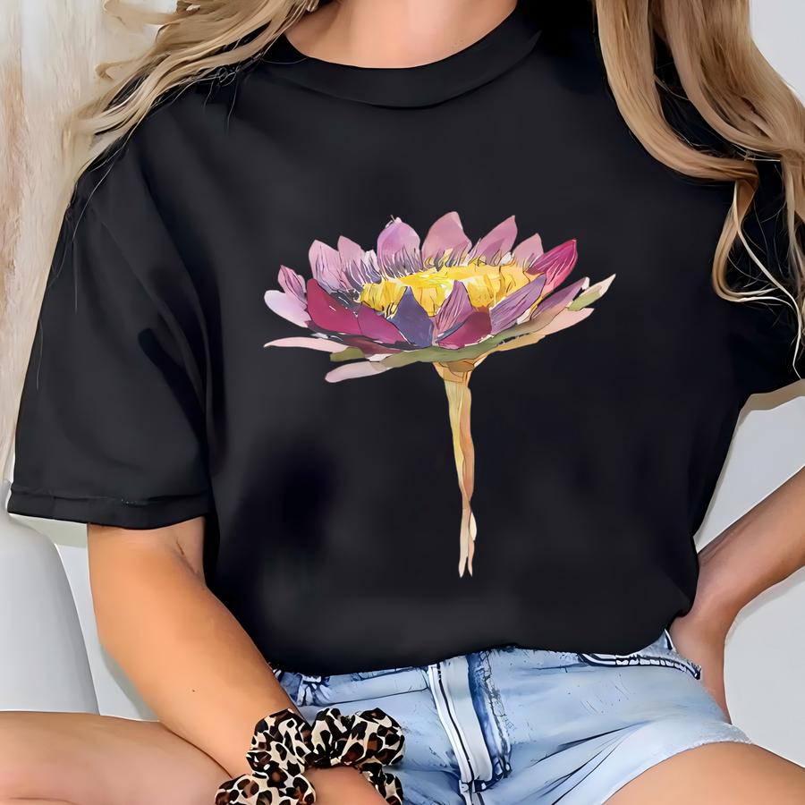 Watercolor Purple Lotus Flower Shirt Artistic Floral Graphic Tee Botanical Art Design Cotton T Shirt Unique Gift For Nature Lover T-shirt