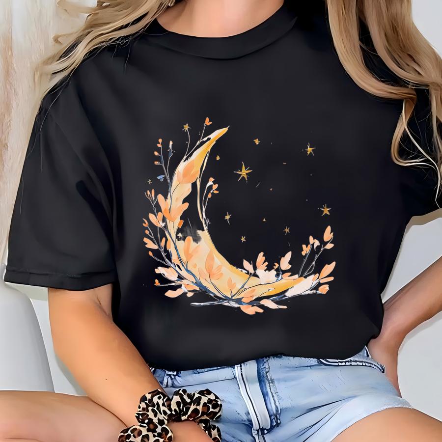 Crescent Moon And Fall Leaves Graphic Shirt Autumn Moon Nature Design Starry Sky Celestial Botanical T Shirt Natural Cream Moon Tee T-shirt