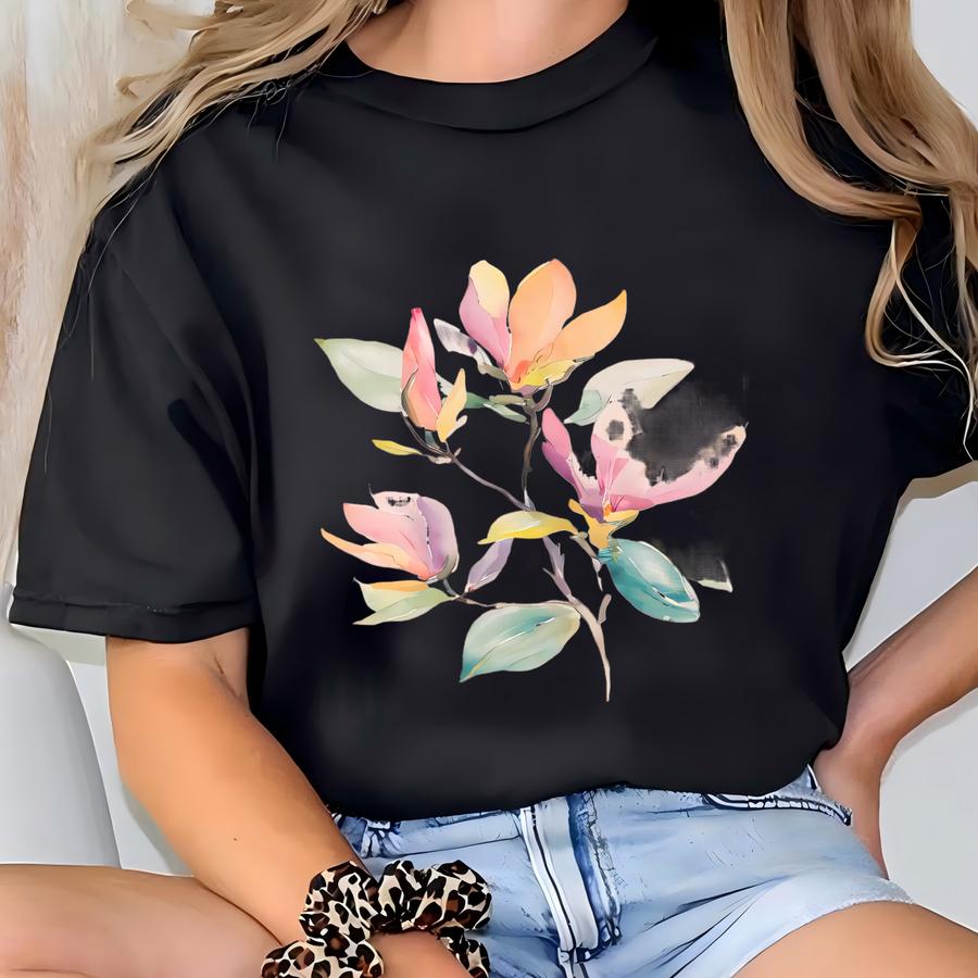 Watercolor Magnolia Floral Graphic Cream Shirt Spring Summer Artistic Painted Flowers Botanical Art Tee Soft Cotton Casual Top Unique T-shirt