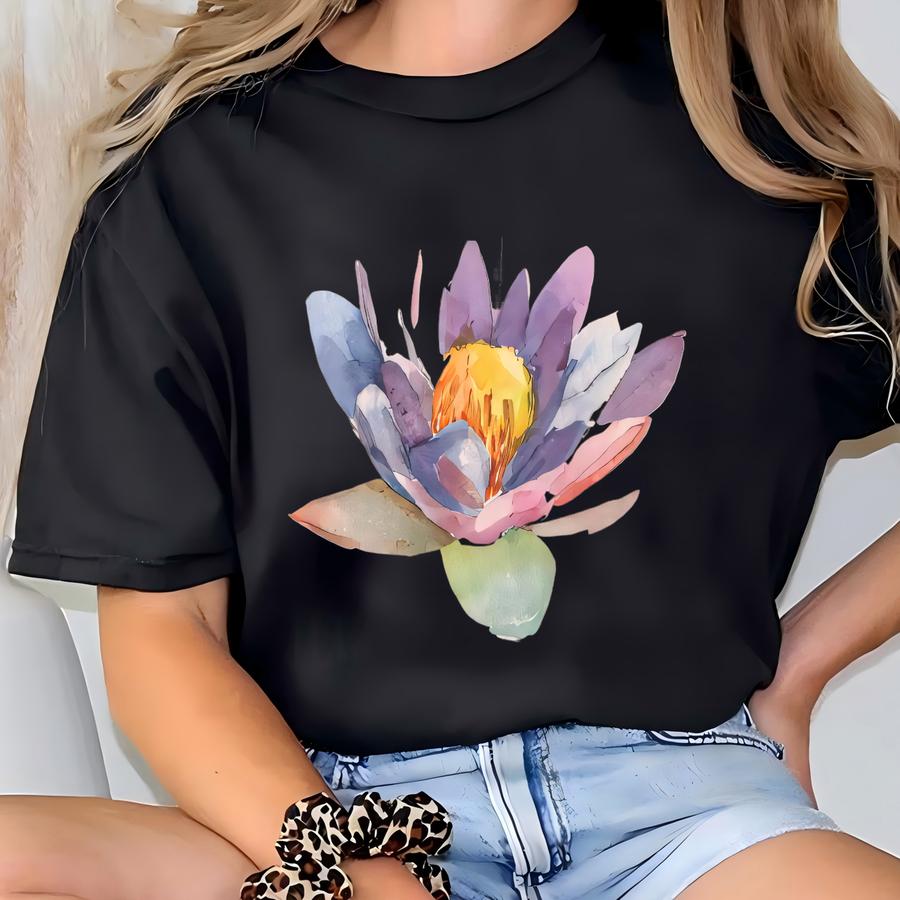 Watercolor Lotus Flower T Shirt Artistic Pastel Floral Graphic Shirt Unique Art Print Cotton Tee Soft Cream Womens Mens Gift Summer Style T-shirt