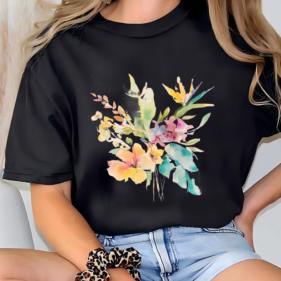 Watercolor Floral Print T Shirt Pastel Garden Flowers Botanical Art Shirt Hawaiian Hibiscus Bird Of Paradise Summer Graphic Tee Beach T-shirt