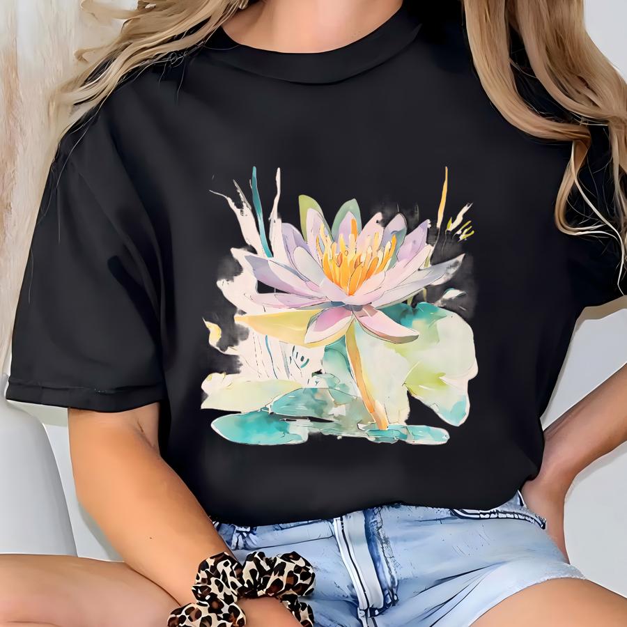Watercolor Lotus Flower Graphic T Shirt Pastel Water Lily Artistic Natural Floral Shirt Botanical Art Print Lily Pad Tee Hand Painted Design T-shirt