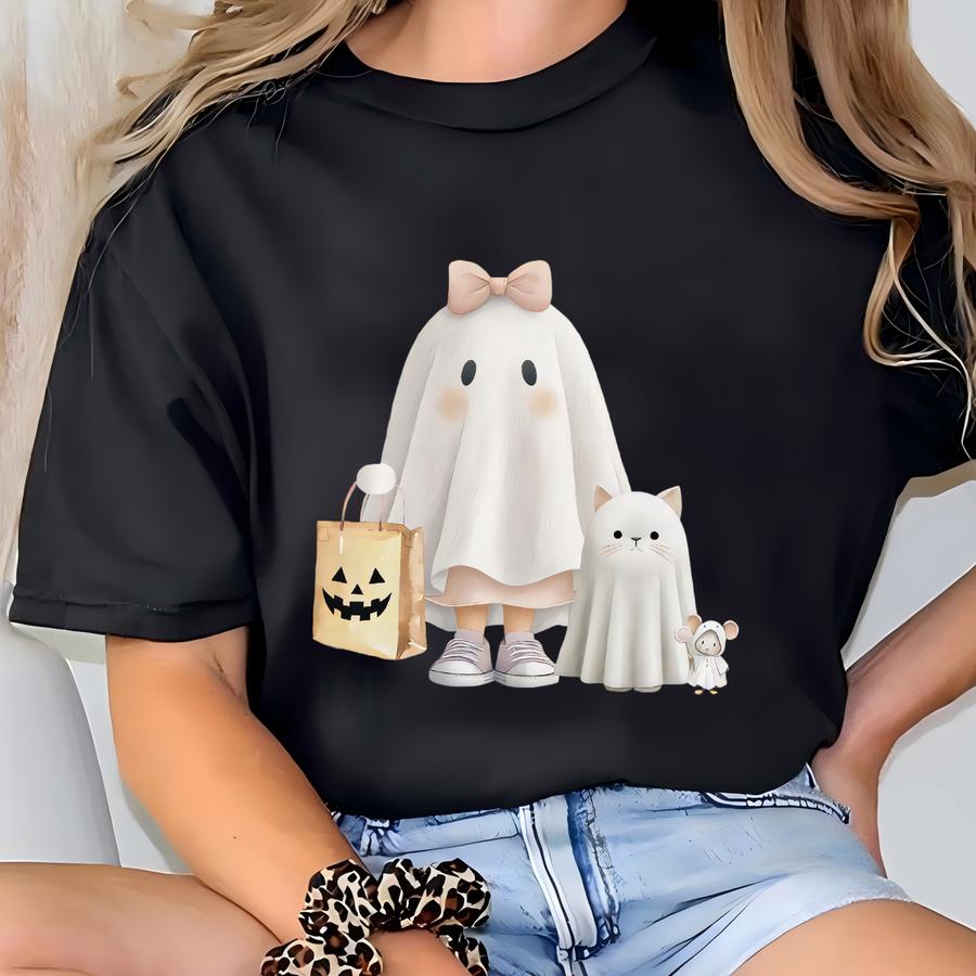 Cute Halloween Ghost Tee Cat And Mouse Ghost Tshirt Little Girl Adorable Halloween Shirt For Kids, Trick-or-treat, Spooky Party T-shirt