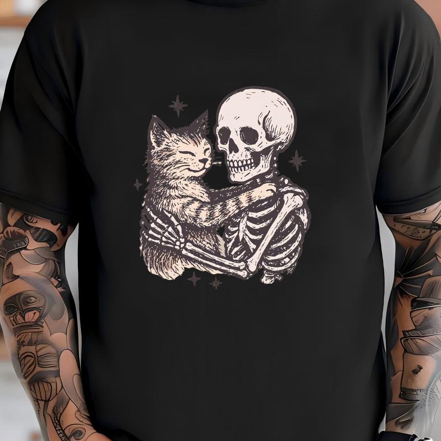 Cat Hugging Skeleton Sweatshirt: Spooky Cute Cat Lover Crewneck T-shirt