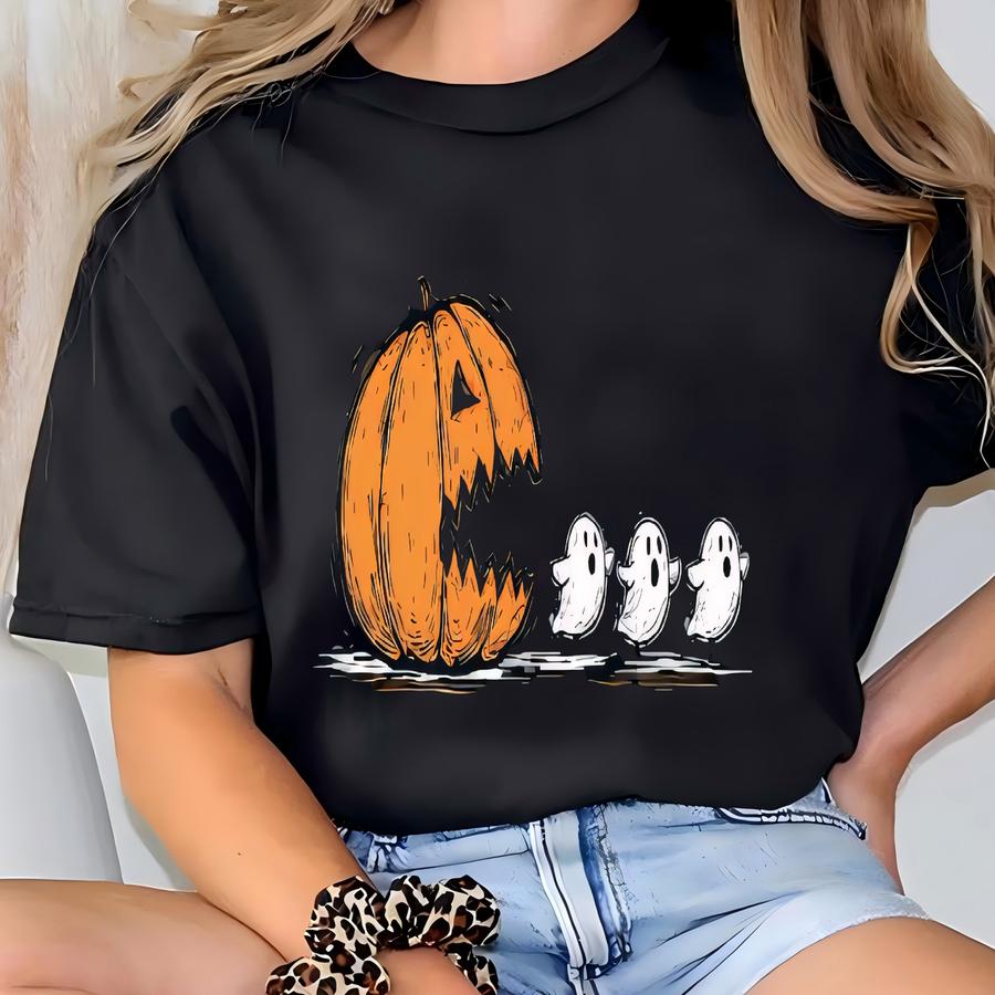 Halloween Pumpkin Eat Ghost Shirt, Funny Halloween Shirt, Halloween Gamer Gift, Halloween Party Tee, Pumpkin Pac Man Shirt, Spooky Ghost Tee T-shirt
