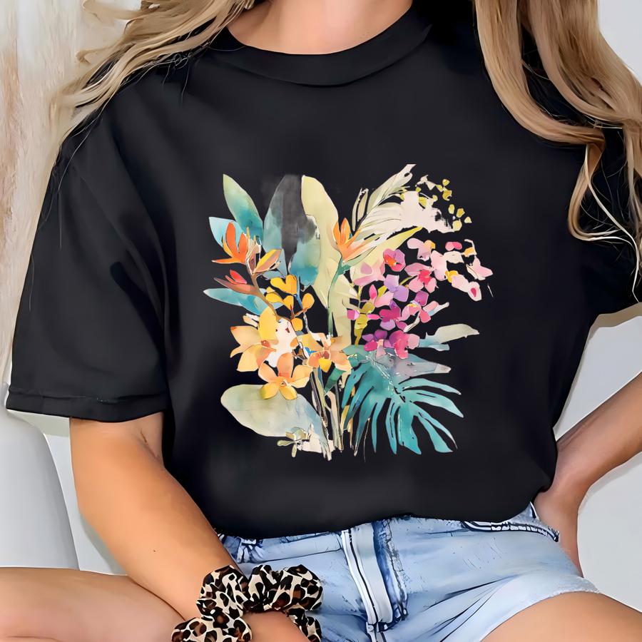 Watercolor Tropical Floral Bouquet Tee Colorful Flower Graphic Shirt Nature Art Print Botanical Leaf Tshirt Summer Beach Shirt 2025 Fashion T-shirt