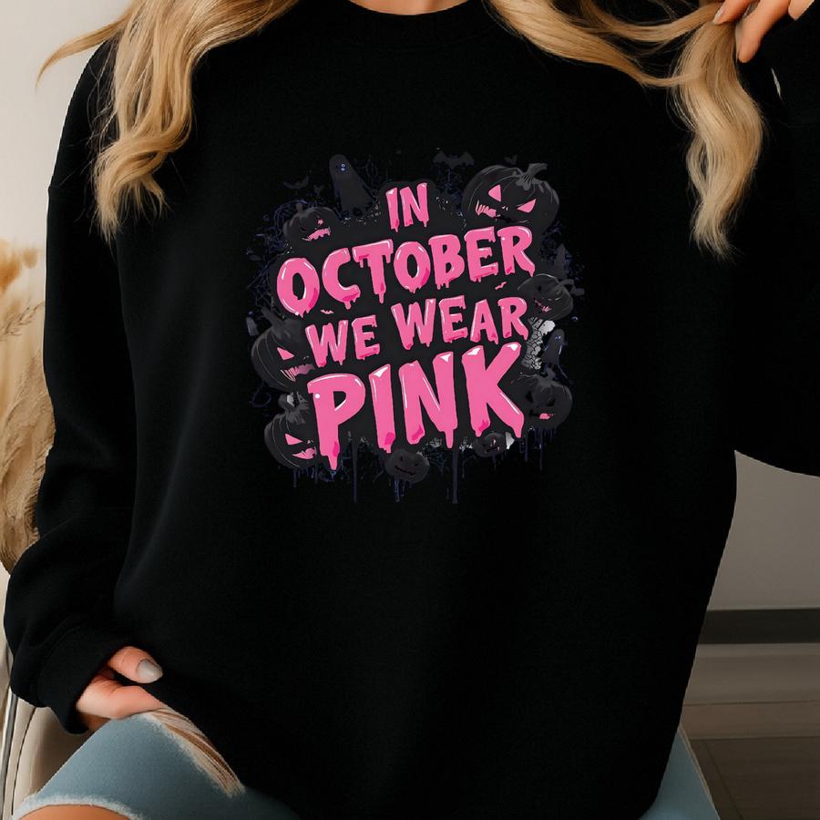 In October We Wear Pink Shirt, Breast Cancer Awareness Halloween Tee, Horror Characters Shirt, Cancer Support Sweatshirt