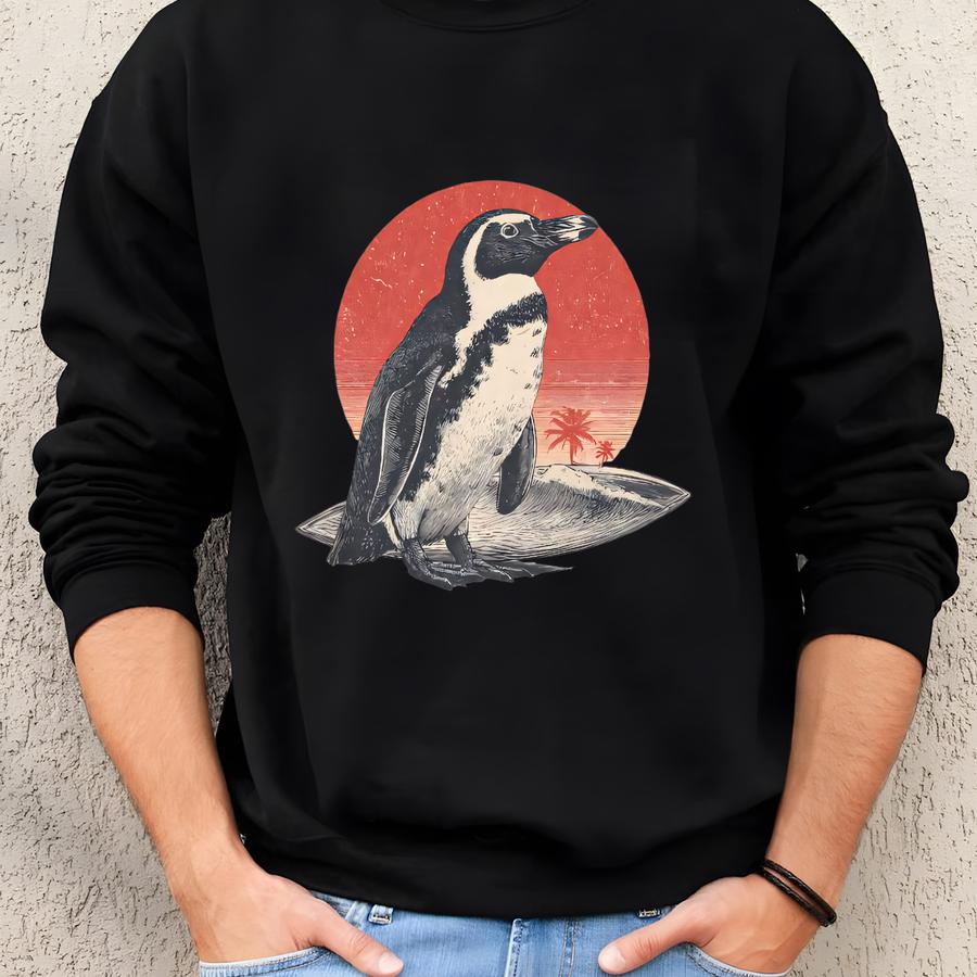 Vintage Penguin Graphic Tee: Retro Sunset Beach Illustration Sweatshirt