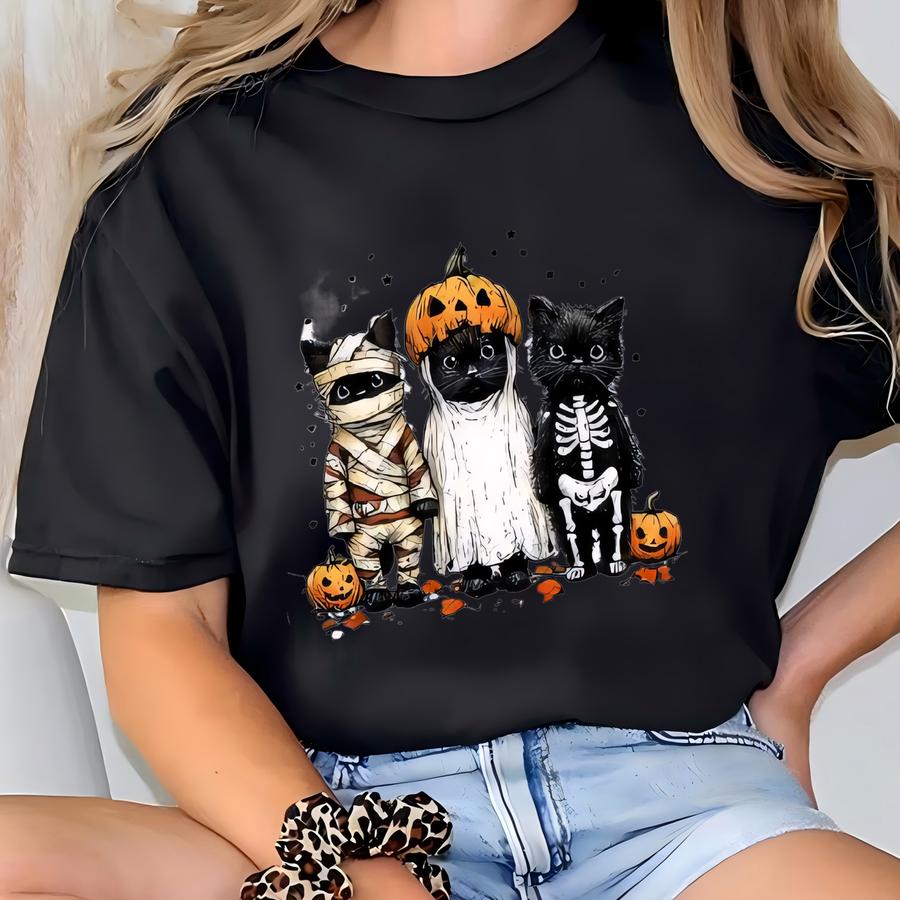 Retro Halloween Cat Shirt: Mummy, Ghost And Skeleton Costume T-shirt