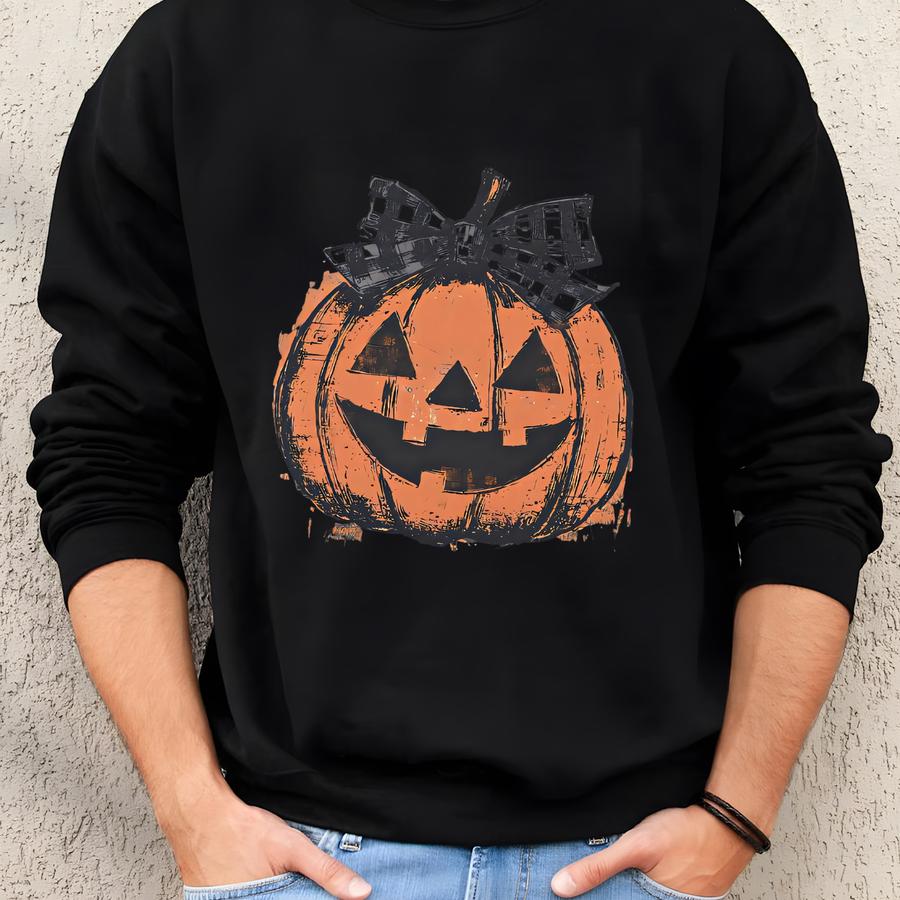 ® Preppy Jack O Lantern Shirt, Coquette Halloween T-shirt, Women's Pumpkin Bow Tee, Retro Halloween Pumpkin Tshirt Sweatshirt