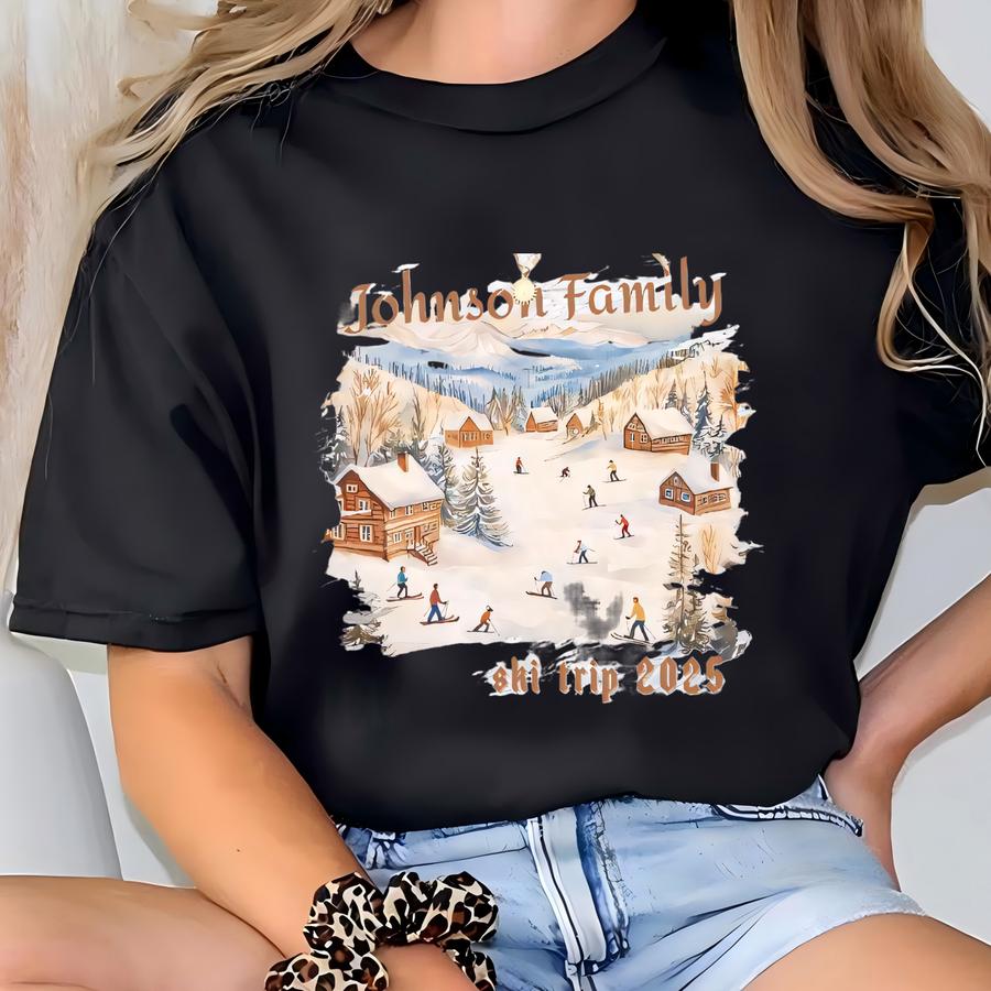 Retro Ski Mountain Scene 90s Vintage Style Custom Family Ski Trip Matching Shirts, Christmas Apparel Sweatshirts T-shirt