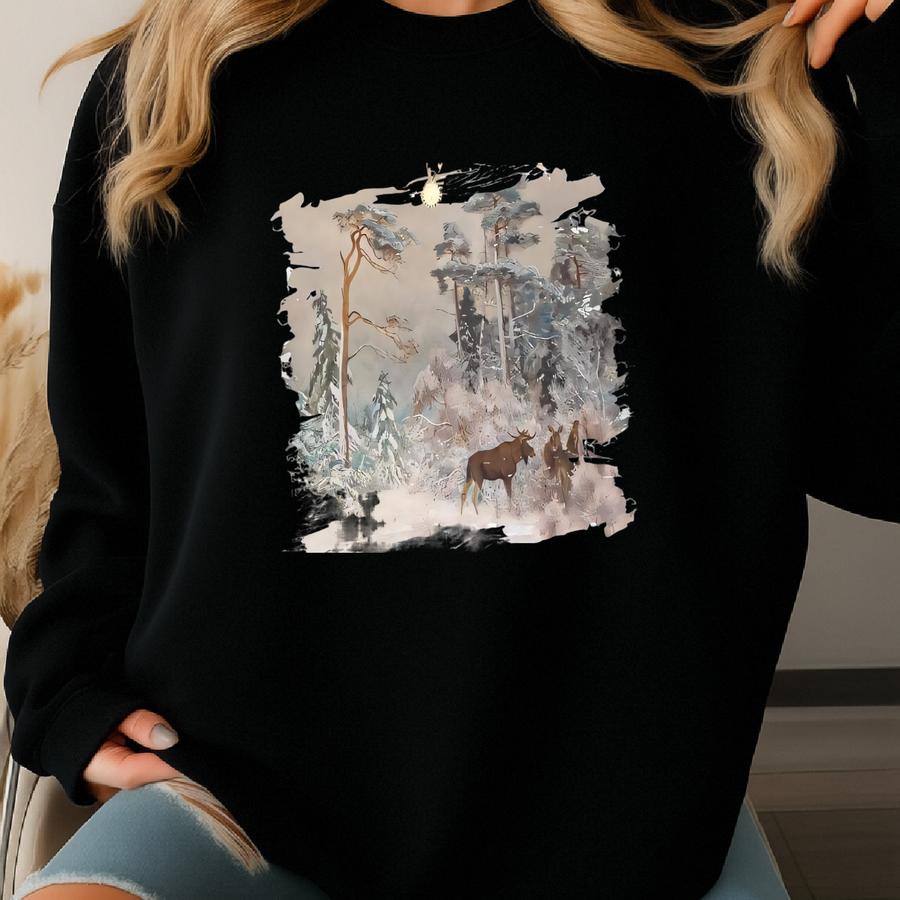 Retro Moose In Woods Winter Scene 90s Vintage Style, Christmas Apparel Sweatshirts Tshirt Sweatshirt