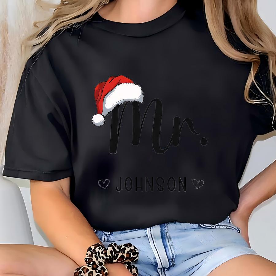 Christmas Couple Shirt, Christmas Mr And Mrs Shirt,xmas Husband And Wife Tees,holiday Matching Couple Pajamas Shirt,mrs Mr. Santa Hat Tshirt T-shirt