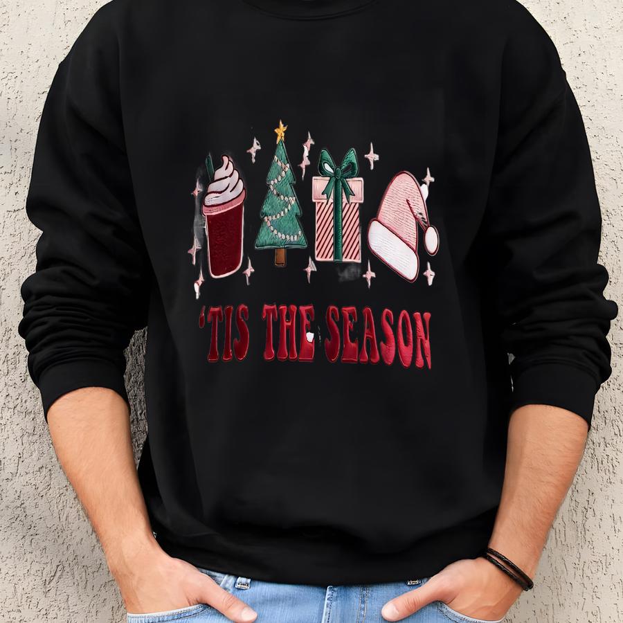 Tis The Season Christmas Sweatshirt, Coffee Holiday Crewneck With Tree Gift Hat, Festive Winter Shirt, Xmas Hoodie For Women Sweatshirt