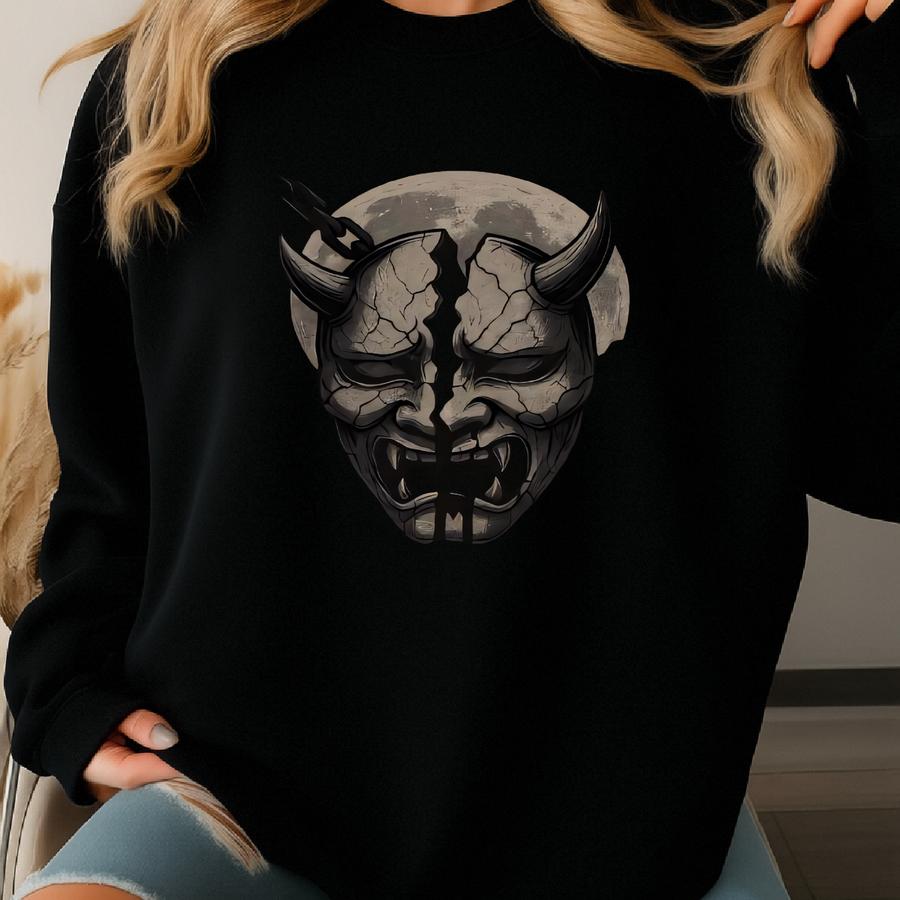 Samurai Demon Mask Hoodie – Gothic Anime Streetwear – Japanese Oni Inspired Hoodie – Vaynora Gift Sweatshirt